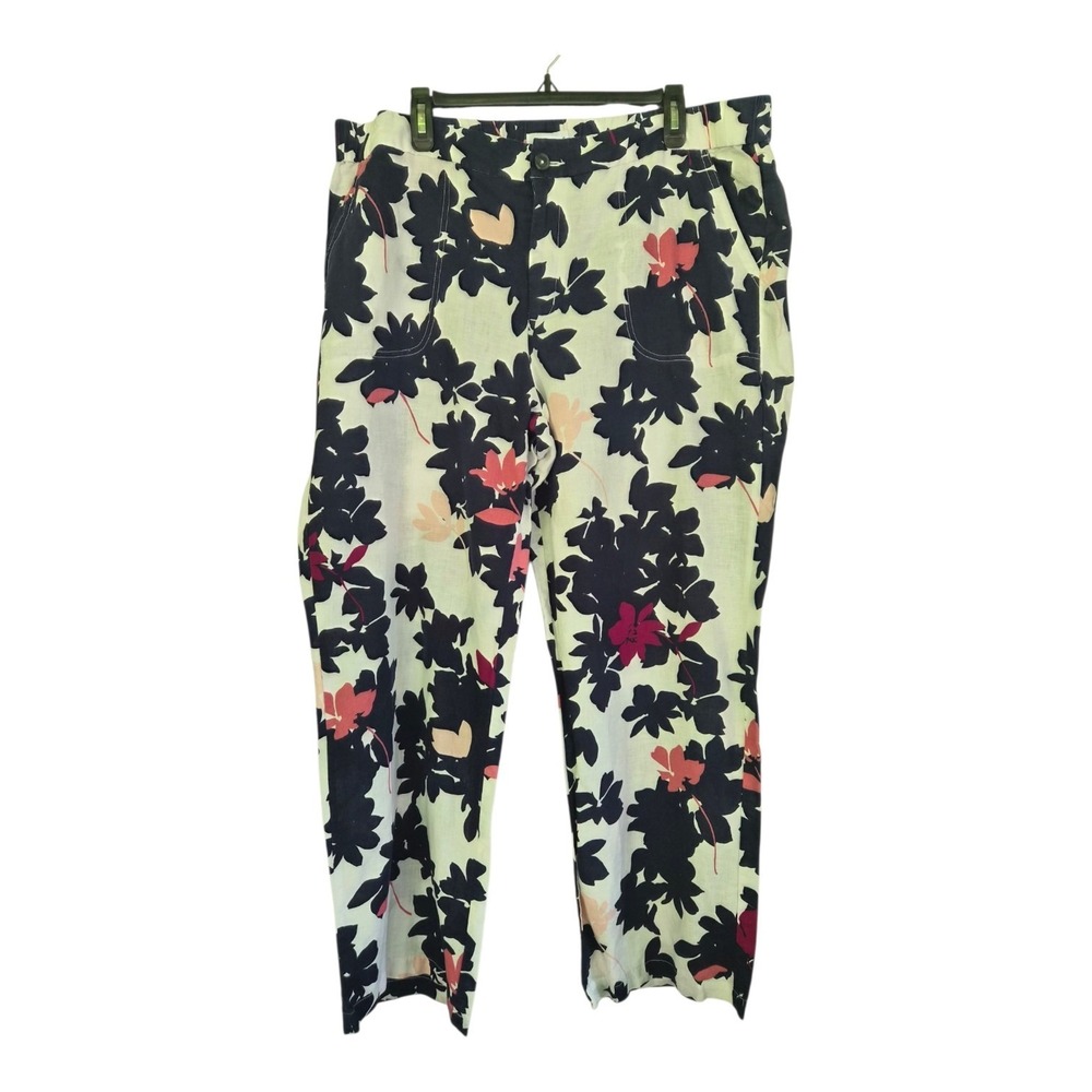 Liz Claiborne Women's XL Floral Linen Blend Ankle Pants White Black Pink